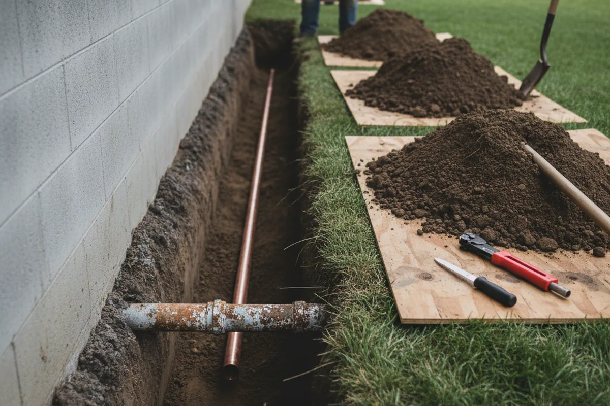 Excavated water line trench during Sewer Line Repair in Onyx